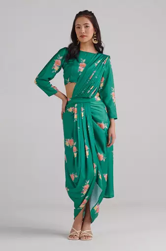 Green printed  satin saree set