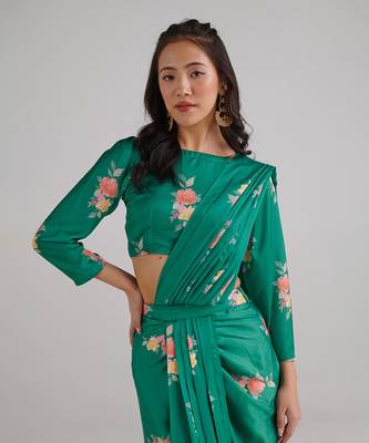 Green printed  satin saree set 3