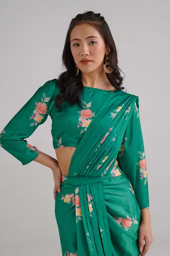 Green printed  satin saree set