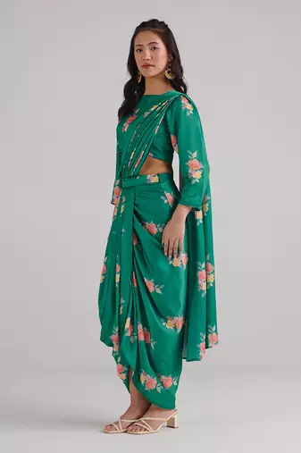 Green printed  satin saree set