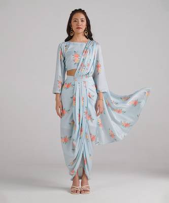 Blue printed  satin saree set 1