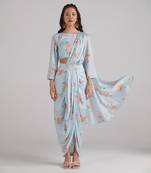 Blue printed  satin saree set