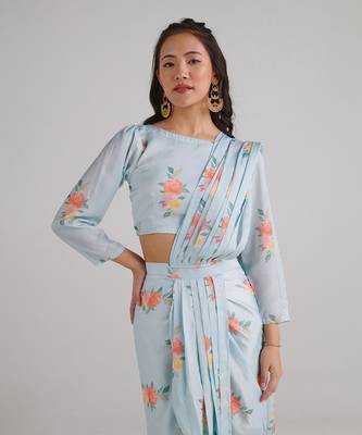 Blue printed  satin saree set 2