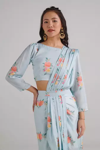 Blue printed  satin saree set
