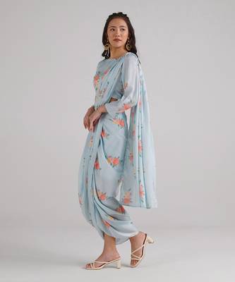 Blue printed  satin saree set 3