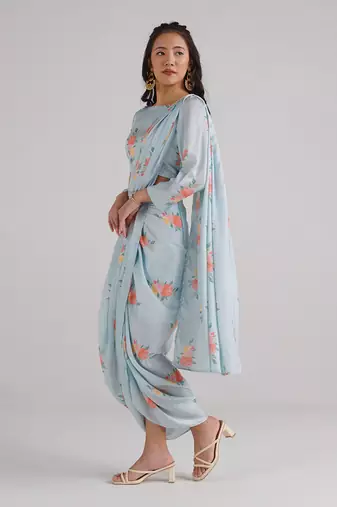 Blue printed  satin saree set