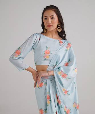 Blue printed  satin saree set 4