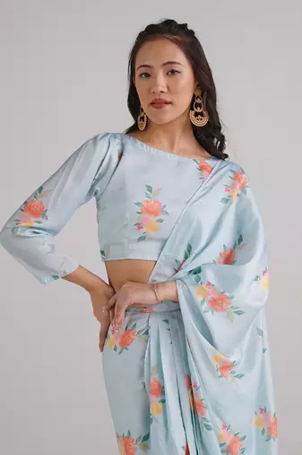 Blue printed  satin saree set