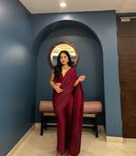 Designer Marron Colour Satin Silk Plazo Crush Saree With Stitched Blouse (42 size )