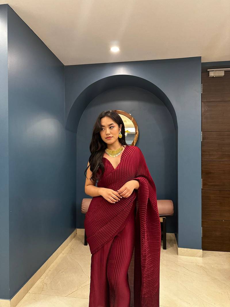 Designer Marron Colour Satin Silk Plazo Crush Saree With Stitched Blouse (42 size )