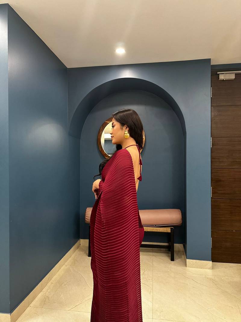 Designer Marron Colour Satin Silk Plazo Crush Saree With Stitched Blouse (42 size )