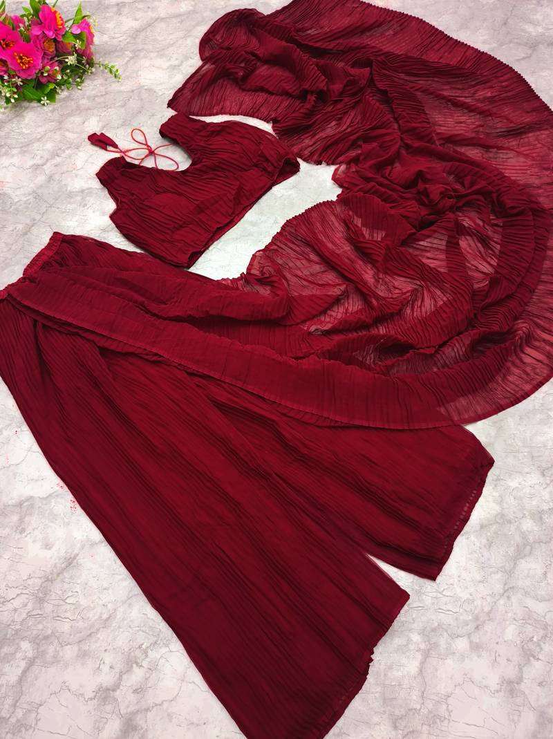 Designer Marron Colour Satin Silk Plazo Crush Saree With Stitched Blouse (42 size )