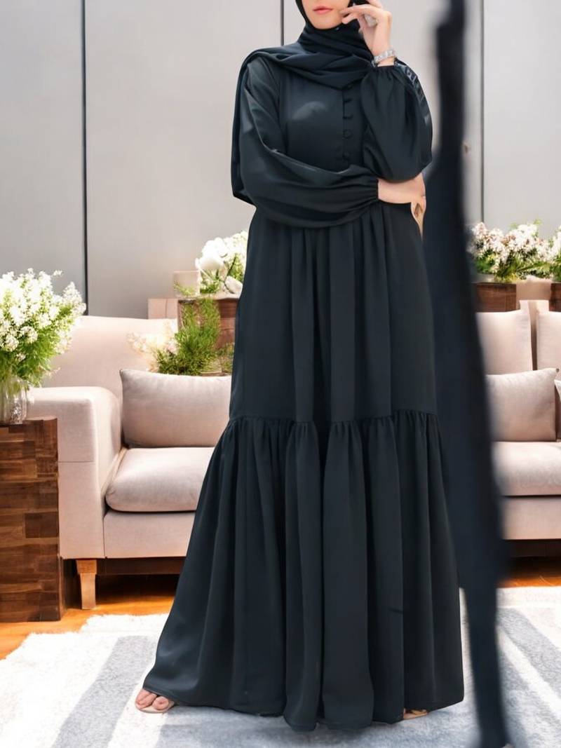 Multi-Tiered Abaya in Firdaus Fabric with Elasticated Cuff Sleeves