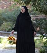 Black Color Frilled and Pleated Abaya with Elastic-Cuffed Sleeves in Firdaus Fabric