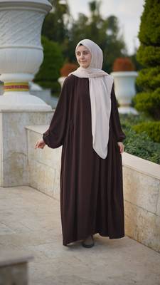 Brown Color Frilled and Pleated Abaya with Elastic-Cuffed Sleeves in Firdaus Fabric 1