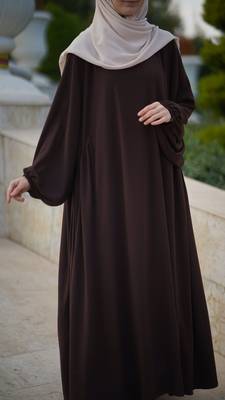 Brown Color Frilled and Pleated Abaya with Elastic-Cuffed Sleeves in Firdaus Fabric 3