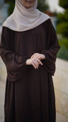 Brown Color Frilled and Pleated Abaya with Elastic-Cuffed Sleeves in Firdaus Fabric 4