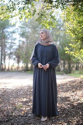 Black Color Abaya with Upper Zipper, Gathered Waist, and Elasticated Sleeves in Firdaus Fabric 1