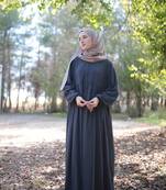 Black Color Abaya with Upper Zipper, Gathered Waist, and Elasticated Sleeves in Firdaus Fabric