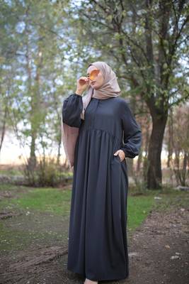 Black Color Abaya with Upper Zipper, Gathered Waist, and Elasticated Sleeves in Firdaus Fabric 4