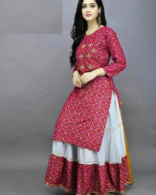 Traditional rayon fabric bandhej printed kurta with skirt 1