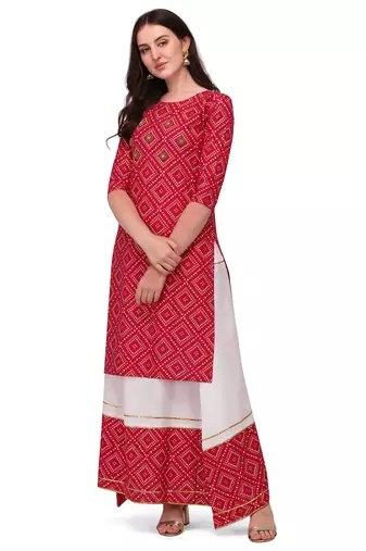 Traditional rayon fabric bandhej printed kurta with skirt