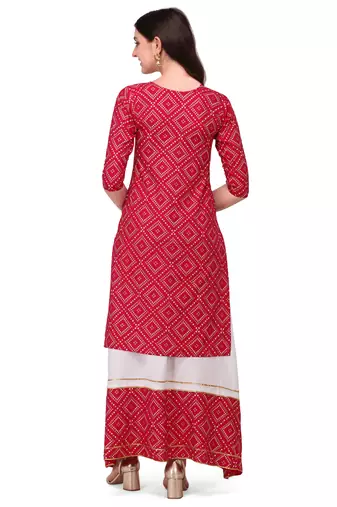 Traditional rayon fabric bandhej printed kurta with skirt