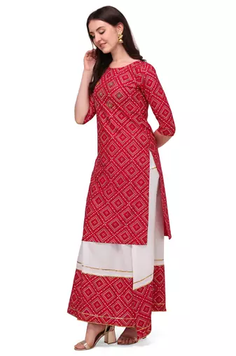 Traditional rayon fabric bandhej printed kurta with skirt