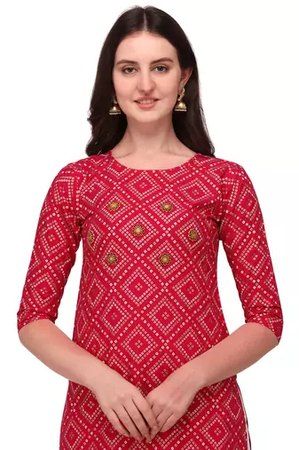 Traditional rayon fabric bandhej printed kurta with skirt
