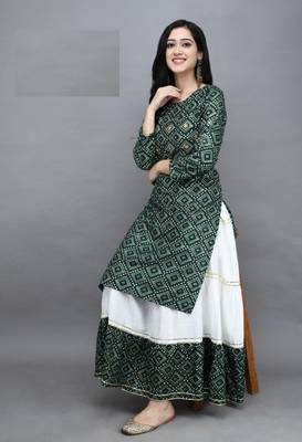 Traditional rayon fabric bandhej printed kurta with skirt 1
