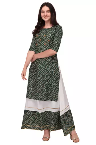 Traditional rayon fabric bandhej printed kurta with skirt
