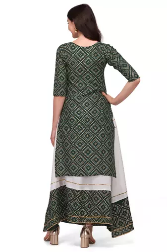 Traditional rayon fabric bandhej printed kurta with skirt
