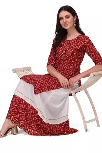 Traditional rayon fabric bandhej printed kurta with skirt
