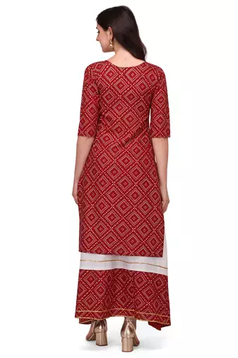 Traditional rayon fabric bandhej printed kurta with skirt