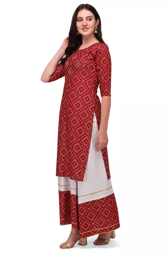 Traditional rayon fabric bandhej printed kurta with skirt