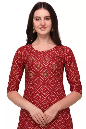 Traditional rayon fabric bandhej printed kurta with skirt