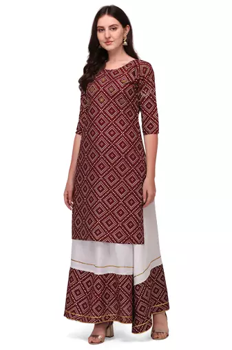 Traditional rayon fabric bandhej printed kurta with skirt