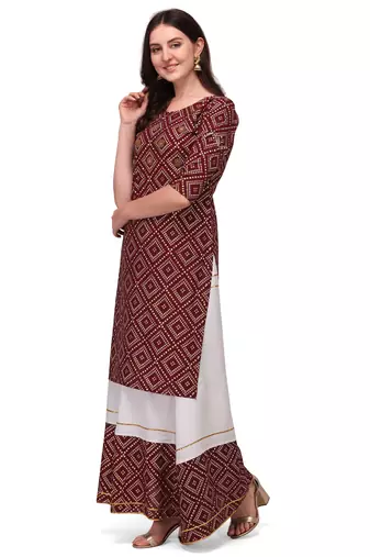 Traditional rayon fabric bandhej printed kurta with skirt