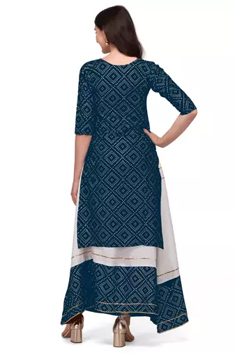 Traditional rayon fabric bandhej printed kurta with skirt