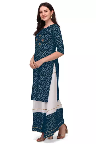 Traditional rayon fabric bandhej printed kurta with skirt