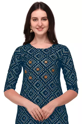 Traditional rayon fabric bandhej printed kurta with skirt
