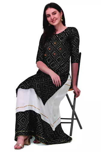 Traditional rayon fabric bandhej printed kurta with skirt