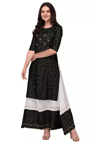 Traditional rayon fabric bandhej printed kurta with skirt