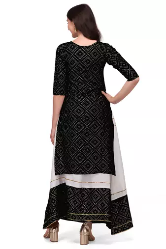 Traditional rayon fabric bandhej printed kurta with skirt