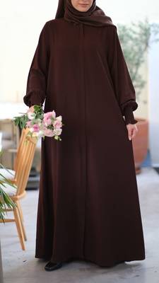Brown Color Front-Open Abaya with Zipper and Smocking Sleeves Sleek Design in Firdaus Fabric 1