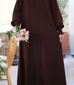 Brown Color Front-Open Abaya with Zipper and Smocking Sleeves Sleek Design in Firdaus Fabric