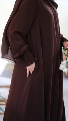 Brown Color Front-Open Abaya with Zipper and Smocking Sleeves Sleek Design in Firdaus Fabric 2