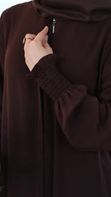Brown Color Front-Open Abaya with Zipper and Smocking Sleeves Sleek Design in Firdaus Fabric 3