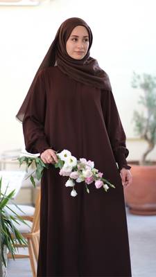 Brown Color Front-Open Abaya with Zipper and Smocking Sleeves Sleek Design in Firdaus Fabric 4