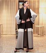 Elegant Multi-Color Tiered Front-Open Abaya with Elasticated Sleeves in Firdaus Fabric